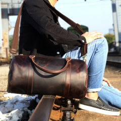 Genuine Leather Mens Bucket Bag Cool Weekender Bag Travel Bag Duffle Bags Overnight Bag Holdall Bag for men