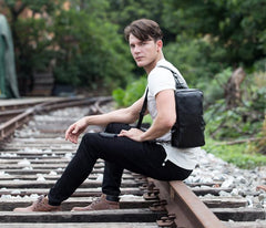 Cool Black Leather Mens Cool Sling Bag Black Crossbody Pack Chest Bag for men