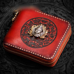 Handmade Leather Small Tooled Mens billfold Wallet Cool Chain Wallet Biker Wallets for Men