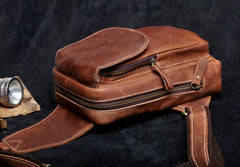 Genuine Leather Mens Cool Chest Bag Brown Sling Bag One Shoulder Backpack for men