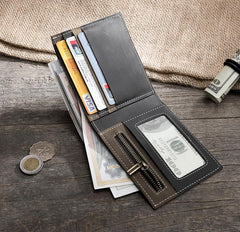 Handmade Leather Mens Cool Slim Leather Wallet Men Small billfold Wallets Bifold for Men