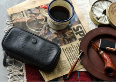 Cool Leather Black Mens Leather 2pcs Tobacco Pipe Case Zipper Tobacco Pipe Case for Men
