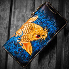 Handmade Leather Men Tooled Carp Cool Biker Leather Wallets Long Chain Wallets for Men