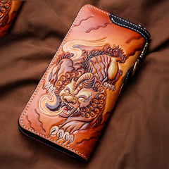 Handmade Leather Tooled Chinese Dragon Tiger Mens Chain Biker Wallet Cool Leather Wallet Zipper Long Phone Wallets for Men