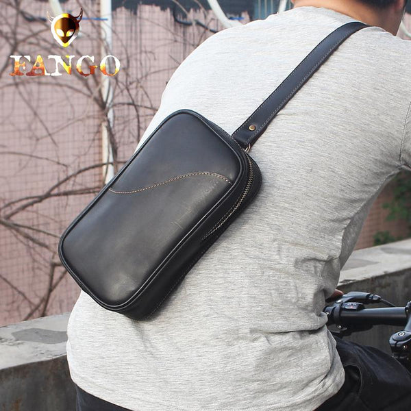 Genuine Black Leather Mens Cool Sling Pack Chest Bag Sling Bag Crossbody Pack for men