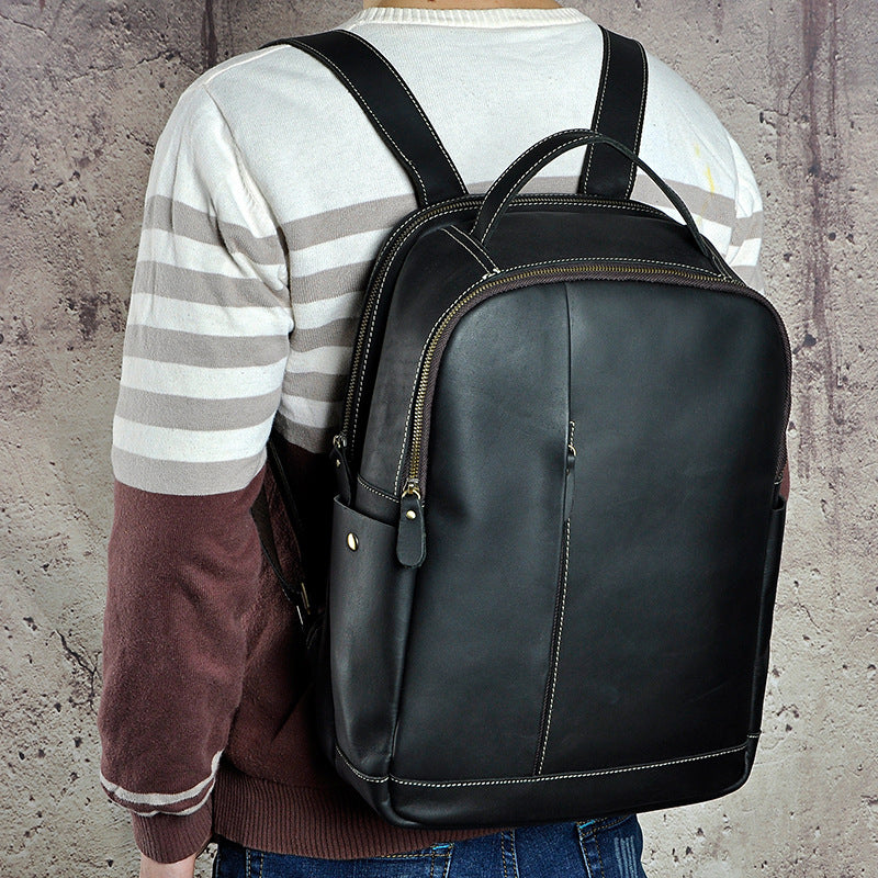 Genuine Leather Mens Cool Black Backpack for School Travel Bag Hiking Bag For Men