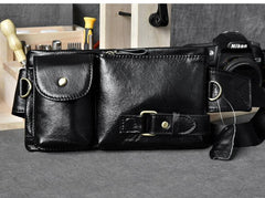 Cool Black Leather Fanny Pack Mens Black Waist Bag Hip Pack Black Belt Bag for Men