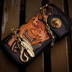 Handmade Leather Tooled Prajna Mens Chain Biker Wallet Cool Leather Long Wallet With Chain Wallets for Men