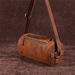 Leather Mens Barrel Shoulder Bag Vintage Brown Travel Bag for men