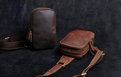 Genuine Leather Mens Sling Bag Cool Chest Bag Crossbody Pack Travel Sling Pack for men