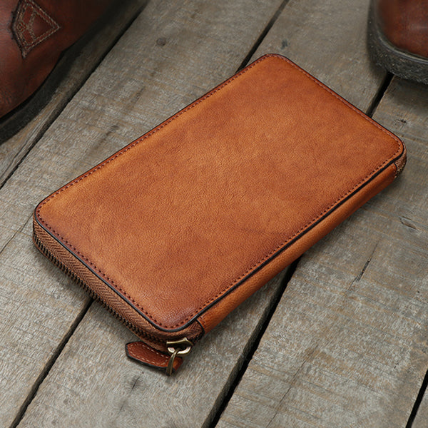 Cool leather mens long wallet vintage zipper long clutch wallet for men - EverHandmade