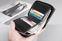 Cool Leather Mens Slim Leather Small Wallets Zipper billfold Wallets Bifold for Men