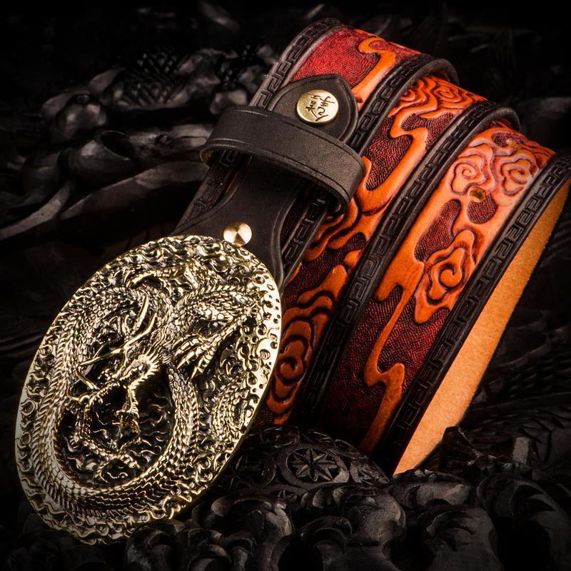 Handmade Leather Tooled Chinese Dragon Mens Belt Custom Cool Leather Men Belts for Men
