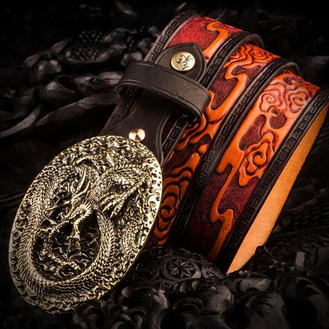 Handmade Leather Tooled Chinese Dragon Mens Belt Custom Cool Leather Men Belts for Men