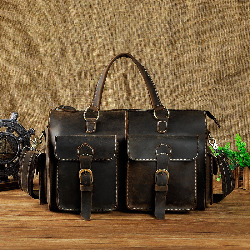 Genuine Leather Mens Vintage Black Coffee Cool Weekender Bag Travel Bag Shoulder Bag for men