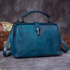 Handmade Dark Blue Leather Handbag Vintage Doctor Bag Shoulder Bag Purse For Women