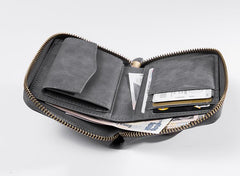 Cool Leather Mens Slim Leather Small Wallet Zipper billfold Wallets Bifold for Men