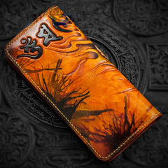 Handmade Leather Men Tooled Tibetan Pestle Cool Leather Wallet Long Phone Wallets for Men