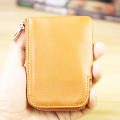 Women Leather Mini Zip Wallet Yellow Brown Billfold Slim Coin Wallets Small Zip Change Wallet For Women