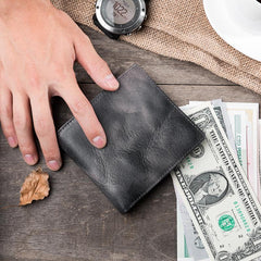 Cool Handmade Leather Mens Slim Small Wallet billfold Wallets Bifold for Men