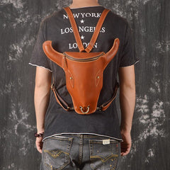 Cool Leather Mens XO Bull Backpack Tan Travel Backpack Unique Backpack for men