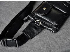 Cool Black Leather Fanny Pack Mens Black Waist Bag Hip Pack Black Belt Bag for Men