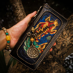 Handmade Leather Tooled Carp Mens Chain Biker Wallet Cool Leather Wallets Long Wallets for Men