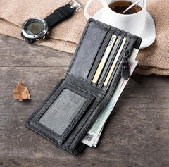 Cool Handmade Leather Mens Slim Small Wallet billfold Wallets Bifold for Men