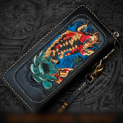 Handmade Leather Tooled Carp Mens Chain Biker Wallet Cool Leather Wallet Long Phone Wallets for Men