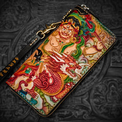 Handmade Leather Tooled White Jambhala Mens Chain Biker Wallet Cool Leather Wallet Zipper Long Phone Wallets for Men