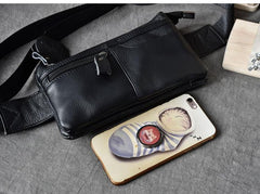 Cool Black Leather Fanny Pack Mens Waist Bag Hip Black Pack Bumbag for Men
