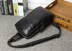 Cool Black Leather Mens Cool Sling Bag Black Crossbody Pack Chest Bag for men