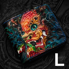 Handmade Leather Chinese Lion Tooled Mens Small Wallet Cool Slim billfold Wallet for Men