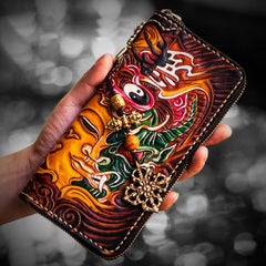 Handmade Leather Mens Tooled Buddha&Demon Chain Biker Wallet Cool Leather Wallet Long Clutch Wallets for Men