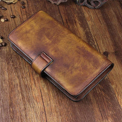 Handmade Leather Mens Cool Long Leather Wallet Trifold Clutch Wallet for Men