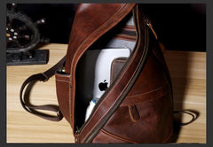 Genuine Brown Leather Mens Cool Chest Bag Sling Bag Sling Backpack for men