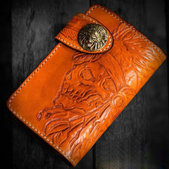 Handmade Leather Tooled Skull Indian Chief Biker Wallets Mens Cool billfold Chain Wallet Trucker Wallet with Chain
