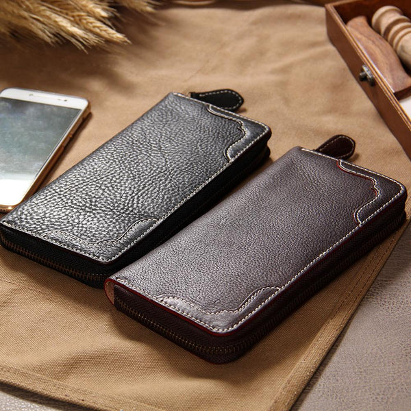 Handmade Leather Mens Long Clutch Wallet Vintage Zipper Wallet for Men