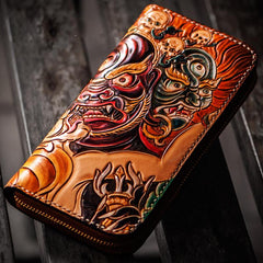 Handmade Leather Tooled Mahākāla Mens Zipper Long Wallet Cool Leather Wristlet Wallet for Men