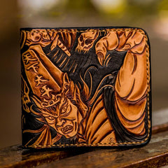 Handmade Leather Chinese Black&White Tooled Small Wallet Mens billfold Wallet Cool Leather Wallet for Men
