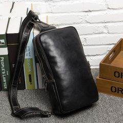 Cool Black Leather Mens Cool Sling Bag Black Crossbody Pack Chest Bag for men
