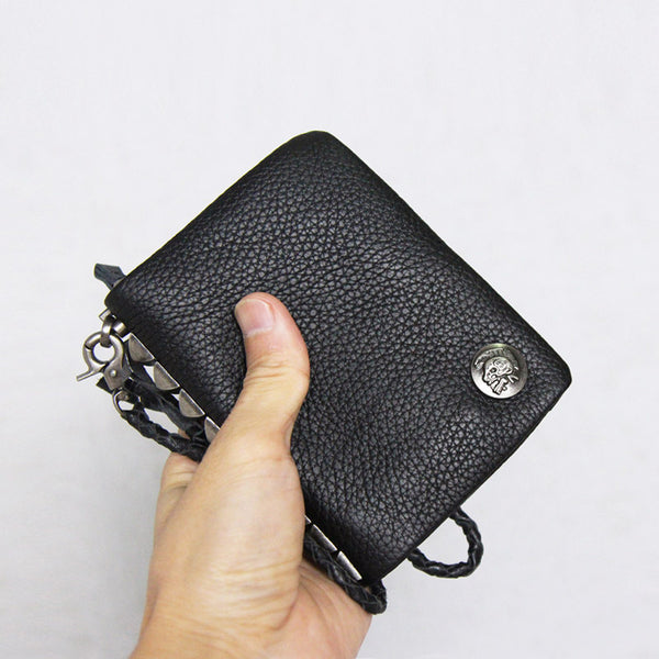 Black full-grain leather biker chain wallet, angled studio shot