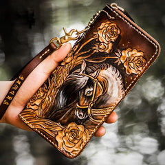 Handmade Leather Tooled Horse Mens Chain Biker Wallet Cool Leather Wallet Long Phone Wallets for Men