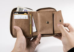 Cool Leather Mens Slim Leather Small Wallet Zipper billfold Wallets Bifold for Men
