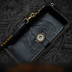 Handmade Leather Tooled Carp Mens Chain Biker Wallet Cool Leather Wallet Long Phone Wallets for Men