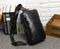 Cool Black Leather Mens Cool Sling Bag Black Crossbody Pack Chest Bag for men