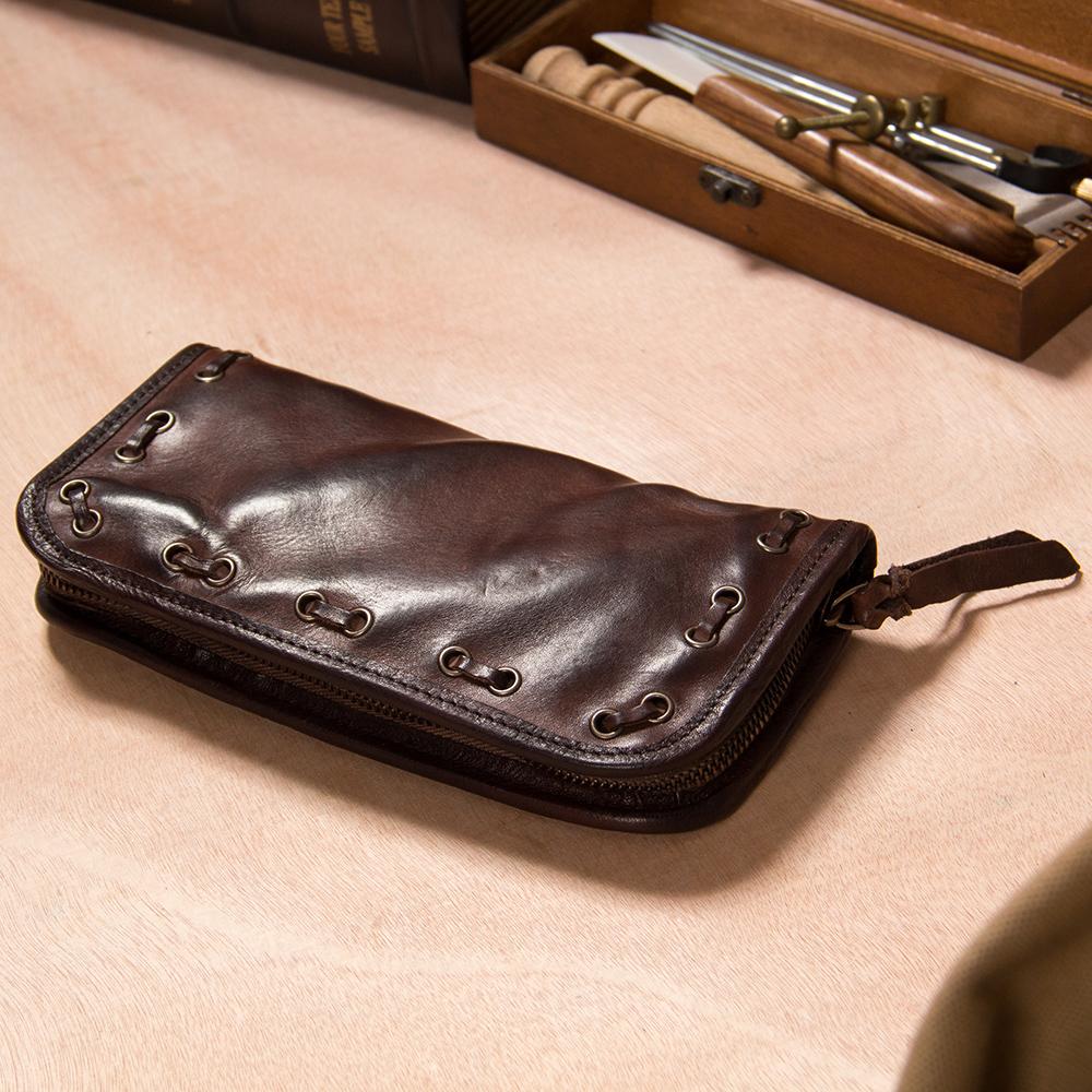 Handmade Leather Mens Long Clutch Wallet Coffee Vintage Zipper Long Wallet for Men