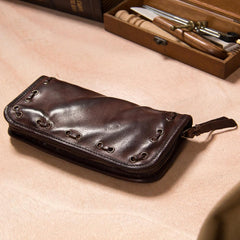 Handmade Leather Mens Long Clutch Wallet Coffee Vintage Zipper Long Wallet for Men