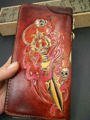 Handmade Leather Mens Clutch Wallet Cool GANESHA Tooled Chain Wallet Biker Wallets for Men