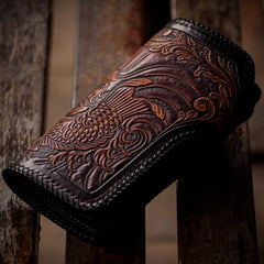 Handmade Leather Tooled Long Carp Mens Chain Biker Wallets Cool Leather Wallet With Chain Wallets for Men